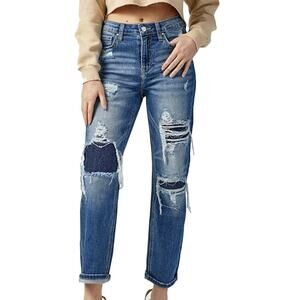 Risen High Rise Dark Straight Distressed Patched Jean RDP5072 Stretch Size 3/26